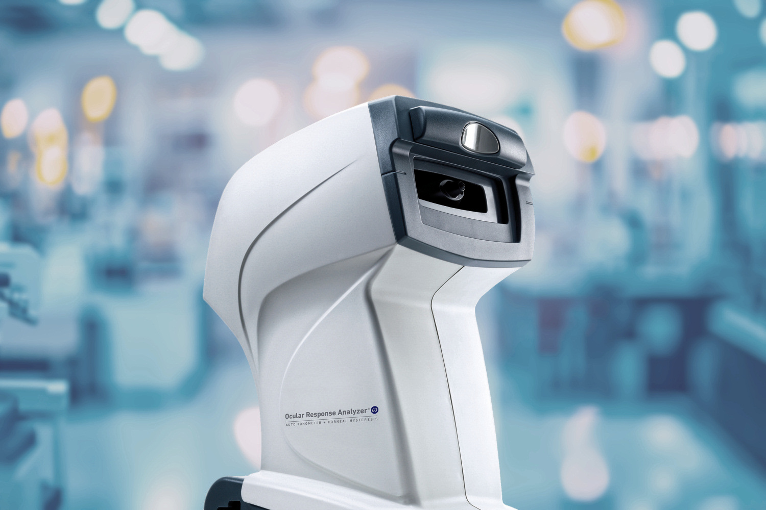 An Ocular Response Analyzer with an out-of-focus, AI-generated lab background