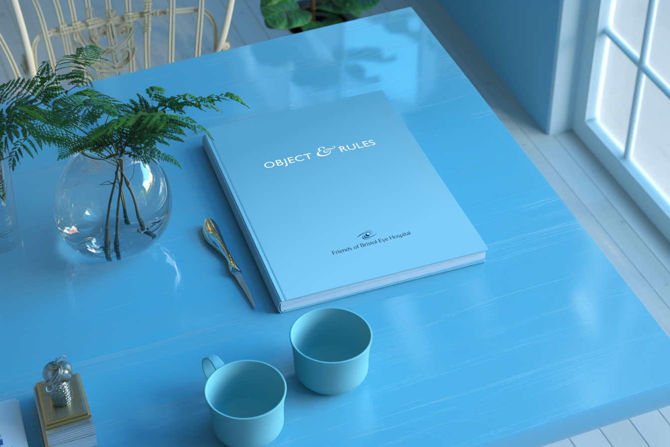 AI-generated image of a slim booklet with the title 'Objects & Rules', lying on a desk in a minimalist, modern, informal office environment